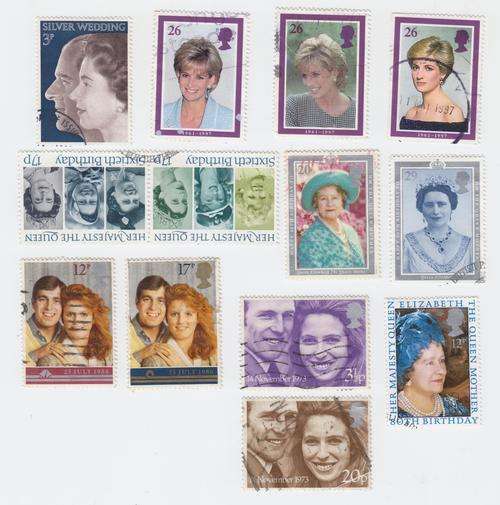 Mixed lot of 13 Commemorative Stamps of British Royalty (including Princess Diana)