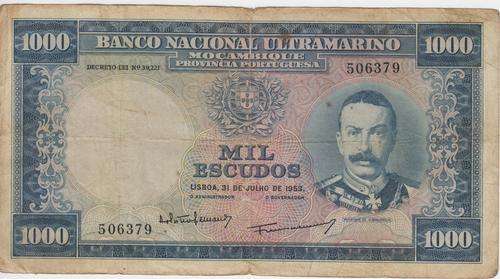 1953 Portuguese Mocambique 1000 Escudos banknote  - Used condition