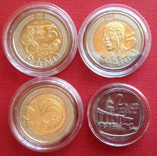 FABULOUS FOUR UNC COMMEMORATIVE COINS IN CAPSULES (Mandela, Democracy, SARB, Union Buildings)