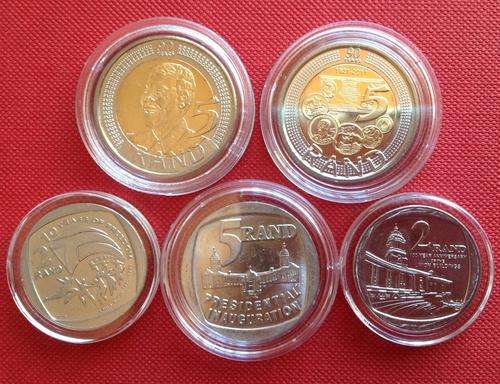 FANTASTIC 5 COMMEMORATIVE COINS IN CAPSULES (Mandela, SARB, Freedom, Union Buildings, Inauguration)