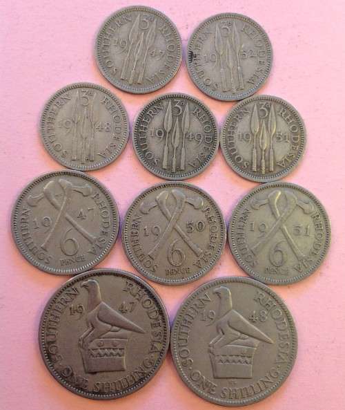 Southern Rhodesia 10 coins - 2 shillings, 3 sixpences + 5 tickeys (1947-1952)