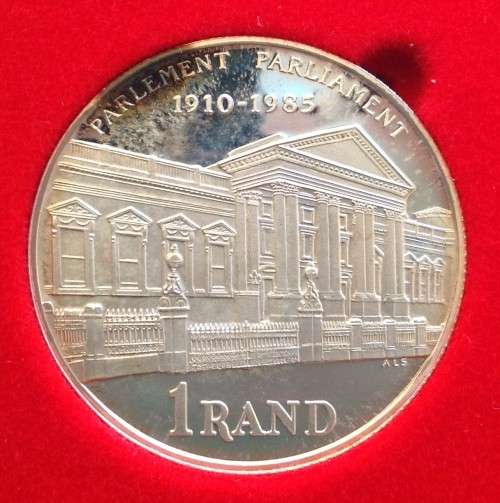 Proof  1985 Silver R1 - Parliament (1910 - 1985) in Red SA Mint Box