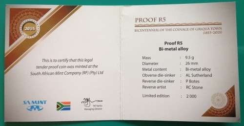 @@@ 2015 Griqua Town Proof R5 with CoA (No box) @@@