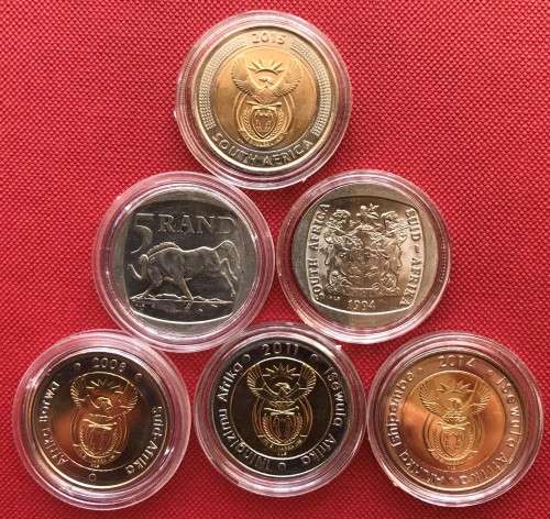 SUPERB SIX uncirculated R5 Mandela coins (1994, 2000, 2008, 2011, 2014, 2015)
