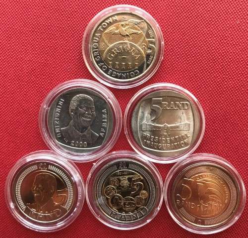 SUPERB SIX uncirculated R5 Mandela coins (1994, 2000, 2008, 2011, 2014, 2015)