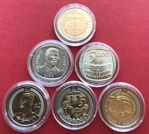 SUPERB SIX uncirculated R5 Mandela coins (1994, 2000, 2008, 2011, 2014, 2015)