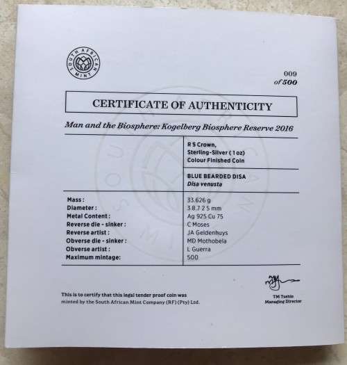 Lovely low mintage Colourised SA Mint Proof 2016 Silver R5 - Blue Bearded Disa