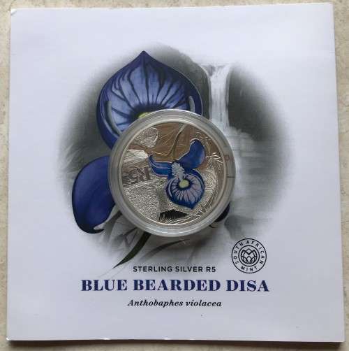 Lovely low mintage Colourised SA Mint Proof 2016 Silver R5 - Blue Bearded Disa