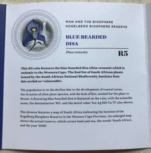 Lovely low mintage Colourised SA Mint Proof 2016 Silver R5 - Blue Bearded Disa