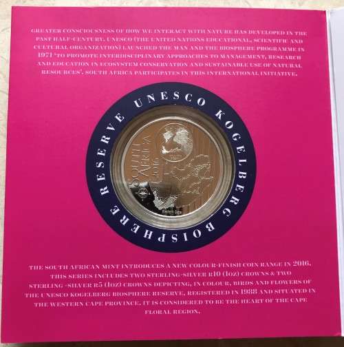 Lovely low mintage Colourised SA Mint Proof 2016 Silver R5 - Cliff Gladiolus