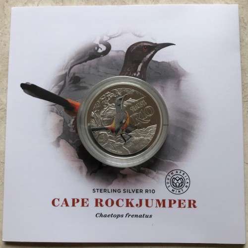 Lovely low mintage Colourised SA Mint Proof 2016 Silver R10 - Cape Rockjumper