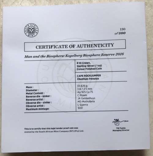 Lovely low mintage Colourised SA Mint Proof 2016 Silver R10 - Cape Rockjumper