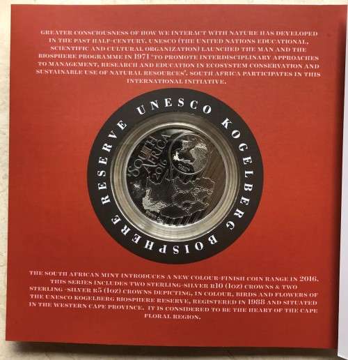 Lovely low mintage Colourised SA Mint Proof 2016 Silver R10 - Cape Rockjumper