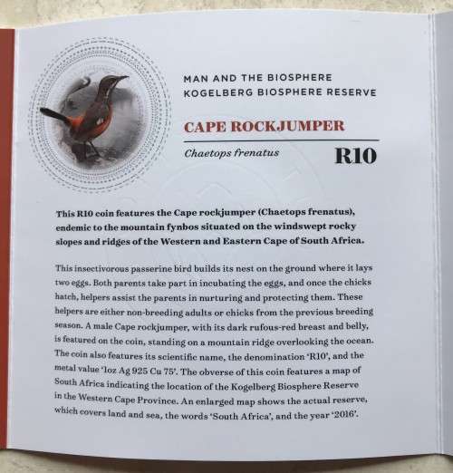 Lovely low mintage Colourised SA Mint Proof 2016 Silver R10 - Cape Rockjumper