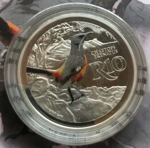 Lovely low mintage Colourised SA Mint Proof 2016 Silver R10 - Cape Rockjumper