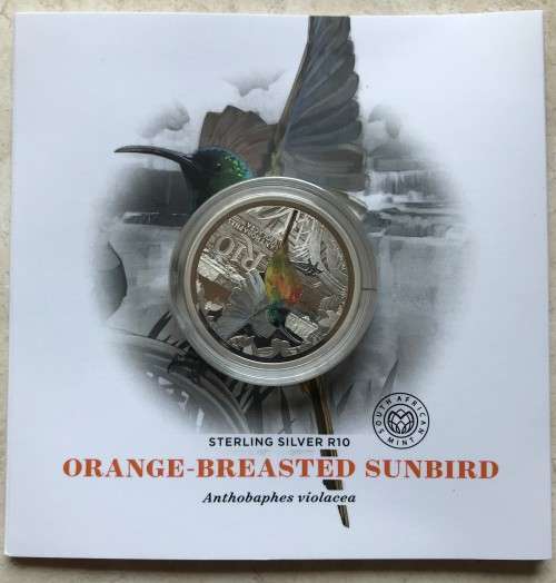 Lovely low mintage Colourised SA Mint Proof 2016 Silver R10 - Orange-breasted Sunbird