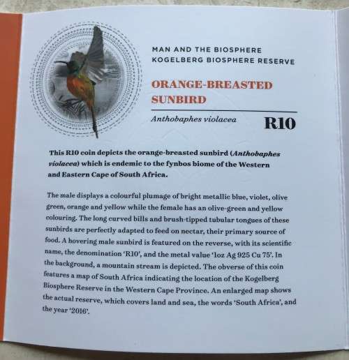 Lovely low mintage Colourised SA Mint Proof 2016 Silver R10 - Orange-breasted Sunbird