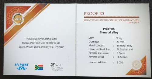 LIMITED EDITION PROOF GRIQUA TOWN (1815-2015) BI-METAL R5 WITH MAGNIFIER & COA