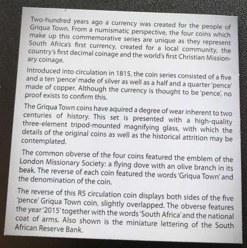 LIMITED EDITION PROOF GRIQUA TOWN (1815-2015) BI-METAL R5 WITH MAGNIFIER & COA