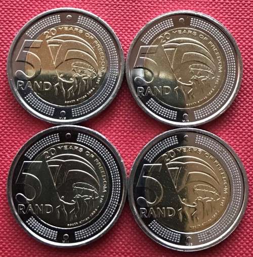 FOUR UNC 2013 R5 COINS - 20 Years of Democracy - ONE BID FOR ALL 4 - IN PLASTIC BAGS