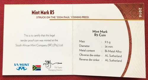 2016 Proof "Oom Paul" Mintmark Five rand