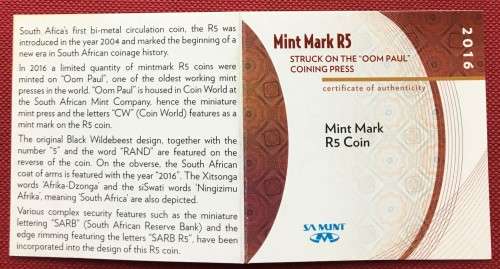2016 Proof "Oom Paul" Mintmark Five rand