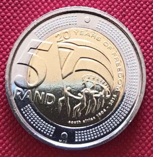 Uncirculated bi-metal SARB 2014 20 Years Democracy R5 in ziplock bag