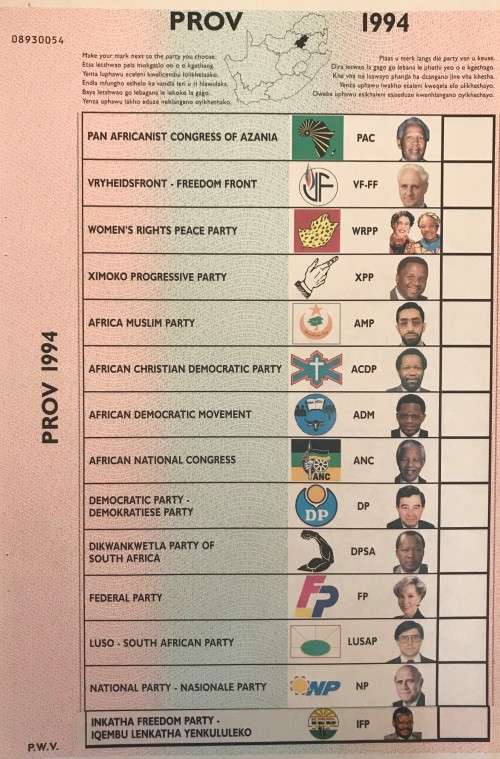 1994 Provincial Election Ballot Paper with Nelson Mandela - PWV (with counterfoil & IFP sticker)