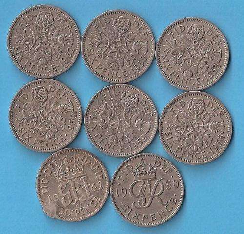 8 British Sixpences - 1942 1950 1953 1956 1958 1959 1960 1962