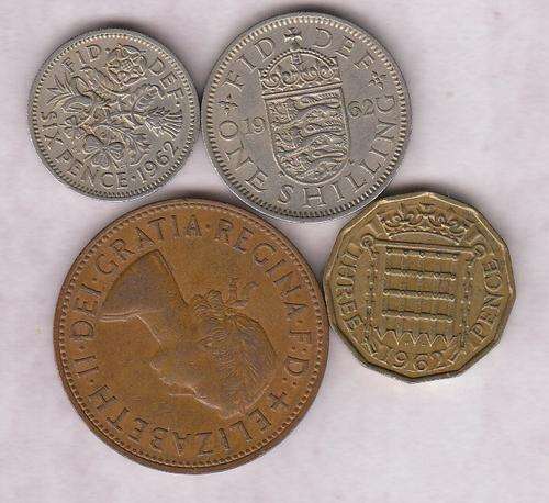 British 1962 Shilling, Sixpence, Brass 3d & Penny