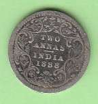 India 1888 Silver Two Annas Coin - Empress Victoria