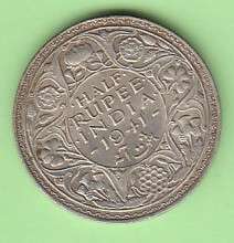 Lovely 1941 Indian Silver Half Rupee Coin - Emperor George VI