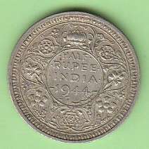 Lovely 1944 Indian Silver Half Rupee Coin - Emperor George VI