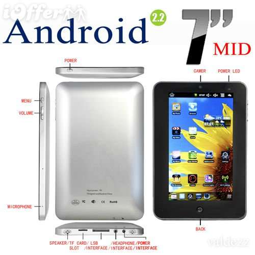 2012 Lastest 7" Touch Screen TFT LCD Google Android 2.2 Tablet PC WiFi 800MHZ