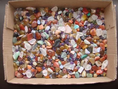 BOX FULL OF TUMBLED SEMI PRECIOUS STONES, LARGE AND SMALL APPROX 3Kg