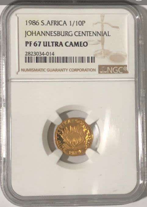 1986 Johannesburg Centennial Commemorative 10th gold PF67 Ultra Cameo
