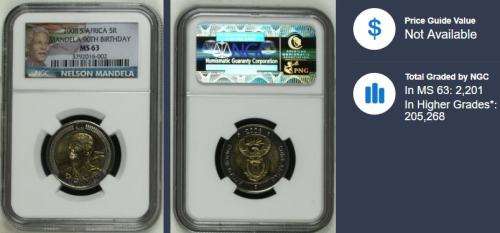 2008 R5 Nelson Mandela 90th Birthday Colour Label MS63 NGC 3792016-002