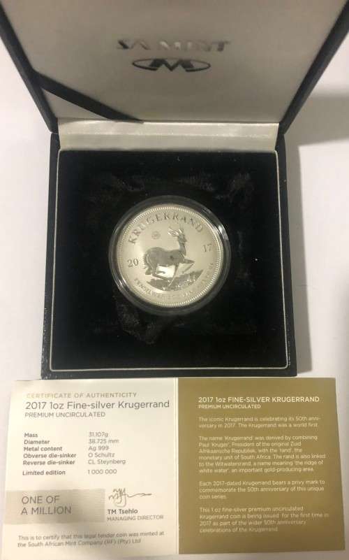 2017 1oz Fine Silver Krugerrand Premium Uncirculated with 50th Anniversary mintmark