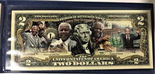 Mandela featured Mandela 2 Dolars with Guilded Mandela 2000 Guilded Proof Coin