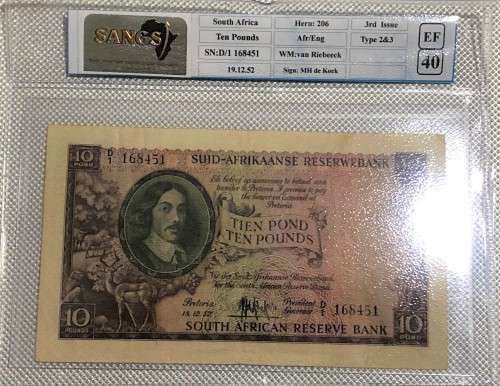 1952 Ten Pounds Graded EF 40 - Type 2 and 3 Signed by - MH de Kock (Hern: 206)