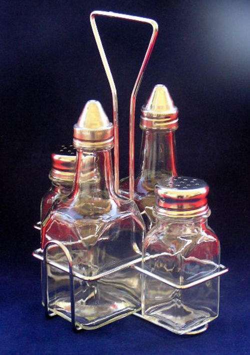 WOW!!! Stunning looking Chrome and Glass Condiment Set.