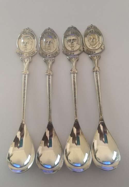 Four SILVER PLATED TEA SPOONS FEATURING SOUTH AFRICAN PRIME MINISTERS AND DATES