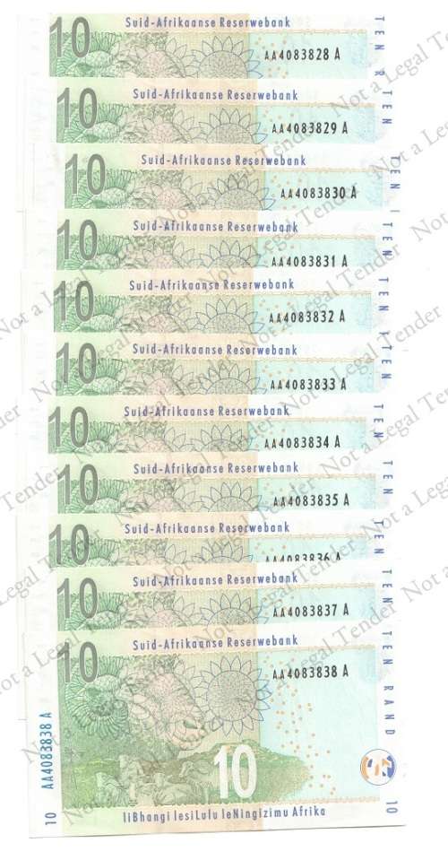 G Marcus ~ 1st Issue 11 x R 10 consecutive nr's ~ AA 40838328 - 3838  ~ Perfect  UNC's