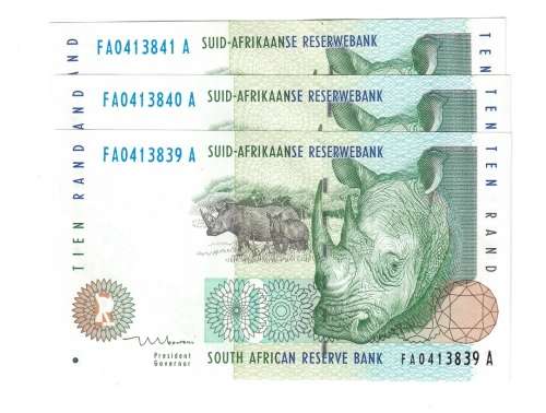 TT Mboweni ~ 1st Issue ~ FA 0413839- 41 ~ Fist Issue 3 x Consecutive nr's  UNC's