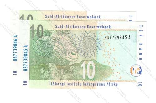 TT Mboweni, ` UNC` 2nd Issue  2 x Consecutive  R10`s , HS 7739845 and 46 A