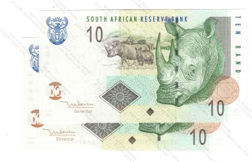 TT Mboweni, ` UNC` 2nd Issue  2 x Consecutive  R10`s , HS 7739845 and 46 A