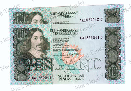 GPC de Kock, 3rd Issue, 2x Consecutive R10`s, AA 1839040 and 41