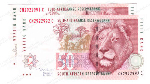 TT Mboweni, 1st Issue, 2 x UNC Consecutive R50`s, CN2922991 & 2 C