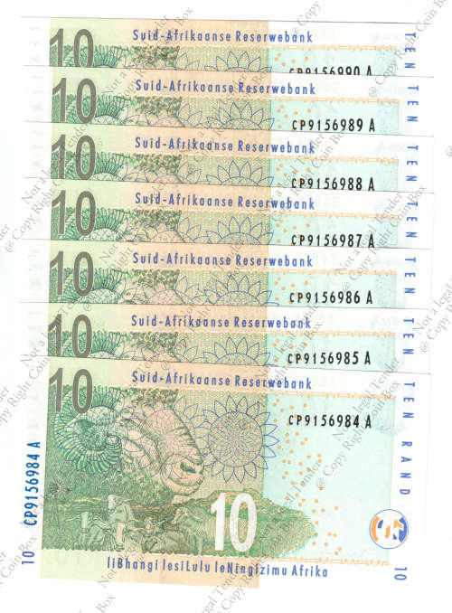 TT Mboweni, 2nd Issue  7 x Consecutive  R10`s ` UNC` CP 9156984 - 90 A