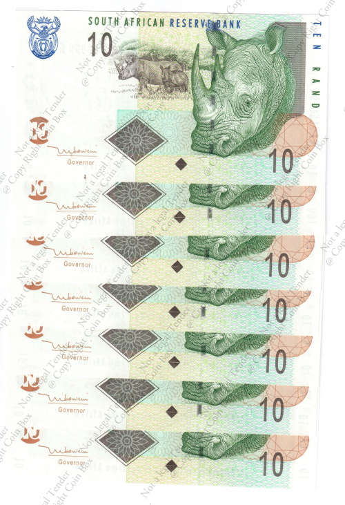 TT Mboweni, 2nd Issue  7 x Consecutive  R10`s ` UNC` CP 9156984 - 90 A